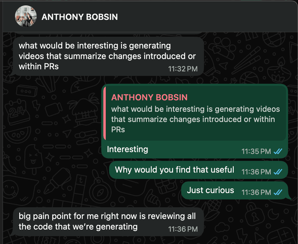 Text message from Anthony Bobsin: 'big pain point for me right now is reviewing all the code that we're generating'